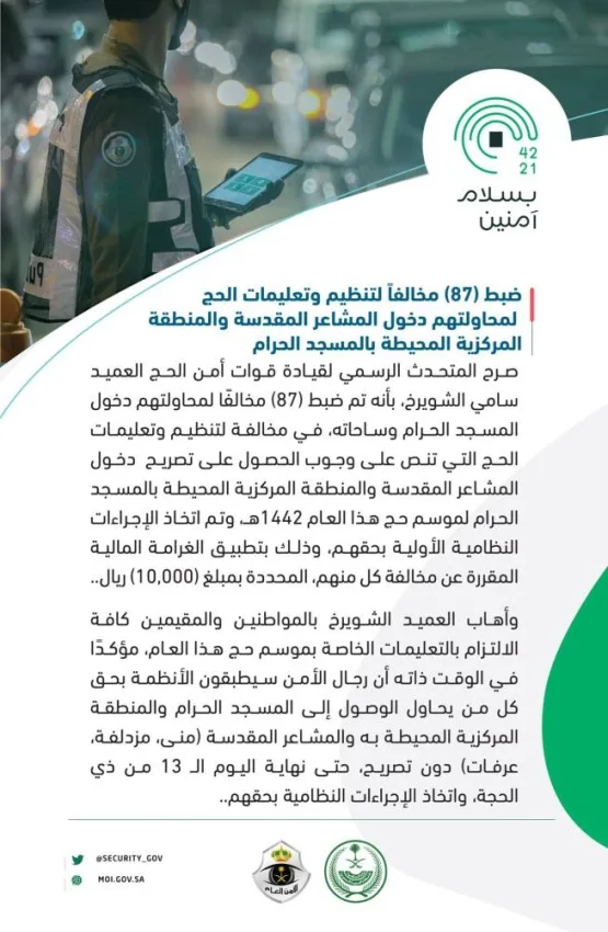 أمن الحج: ضبط 87 مخالفا حاولوا دخول الحرم المكي