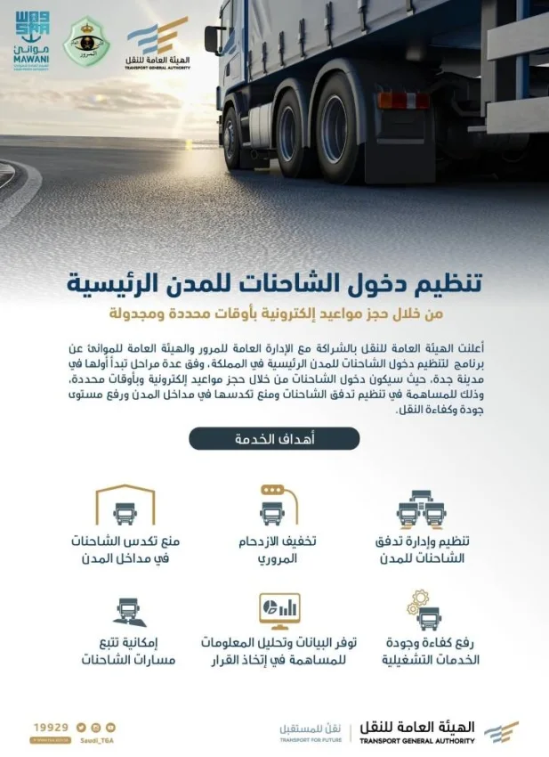 جدولة إلكترونية تنظم دخول الشاحنات للمدن الرئيسة