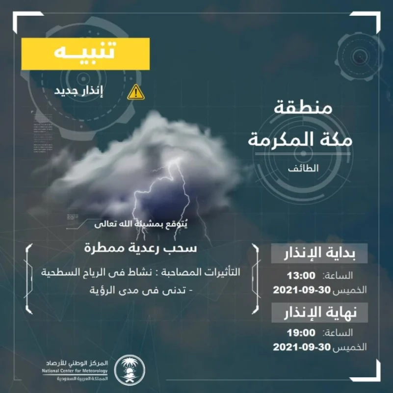 الأرصاد ينبّه بهطول أمطار رعدية على محافظة الطائف
