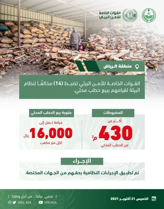 الأمن البيئي: تضبط مخالفين لنظام البيئة لبيعهم حطبًا محليًا في مدينة الرياض