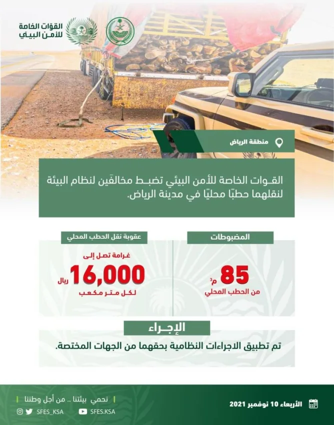 الأمن البيئي : تضبط مخالفَين لنظام البيئة لنقلهما حطبًا محليًا في الرياض