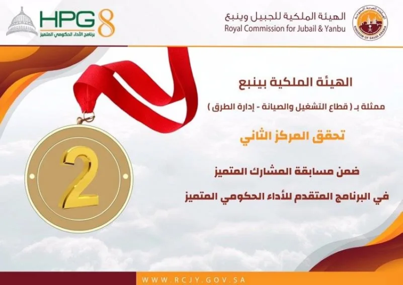 الهيئة الملكية بينبع تحقق المركز الثاني في البرنامج المتقدم للأداء الحكومي المتميّز HPG