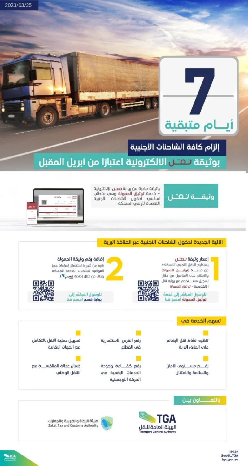 (7) أيام لبدء تطبيق وثيقة النقل الإلكترونية للشاحنات الأجنبية القاصدة للمملكة