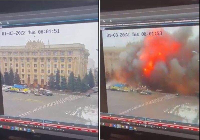 شاهد .. صاروخ روسي يقصف مبنى الإدارة الحكومي في خاركيف الأوكرانية