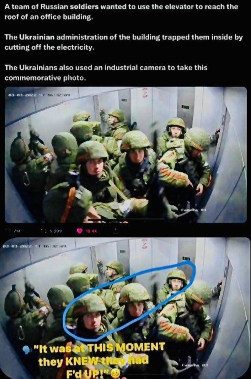 تعرف على قصة  صورة "الجنود الروس" داخل "مصعد" في أوكرانيا وأثارت السخرية على تويتر-صورة