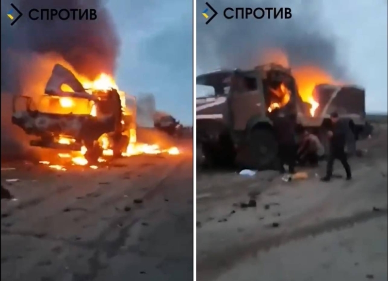شاهد.. لحظة تفجير قافلة إمدادات روسية في أوكرانيا