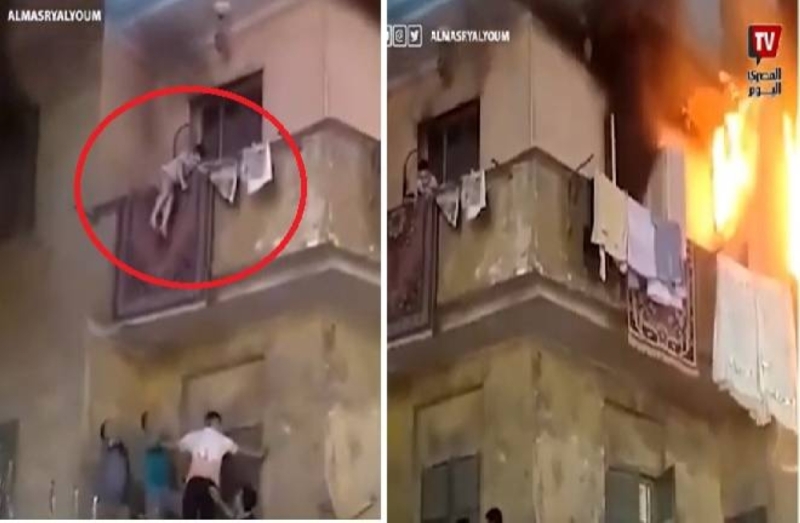 حريق هائل في شقة سكنية بمصر .. شاهد: لحظة قفز طفل من شرفتها هرباً من النيران