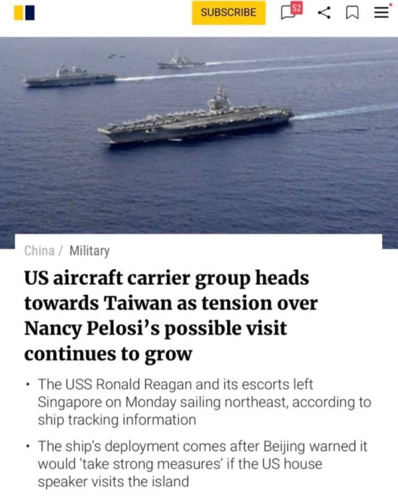 تحرك حاملات طائرات أمريكية إلى تايوان بعد تحذير الصين شديد اللهجة من زيارة "نانسي بيلوسي"