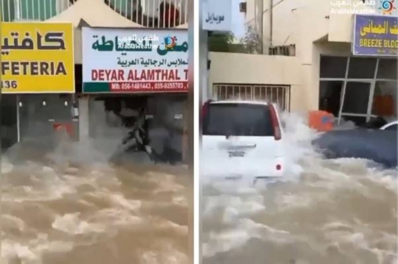 أغرقت السيارات والمحلات.. شاهد: فيضانات قوية تجتاح أسواق مدينة كلباء بالإمارات