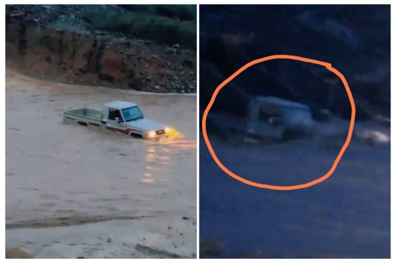 شاهد: غرق سيارة في سيل الفطيحة بجازان.. وردة فعل قائدها بعدما علق وسط المياه