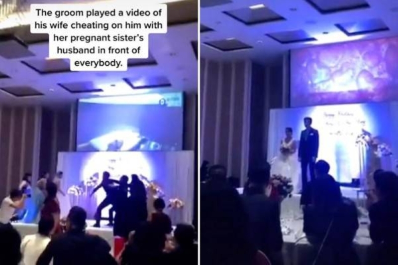 شاهد.. فيديو صادم لعريس يكشف خيانة عروسه مع زوج أختها في حفل الزفاف