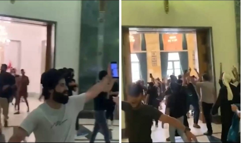 شاهد : فيديو جديد لأنصار الصد يرقصون  داخل القصر الرئاسي العراقي بعد اقتحامه