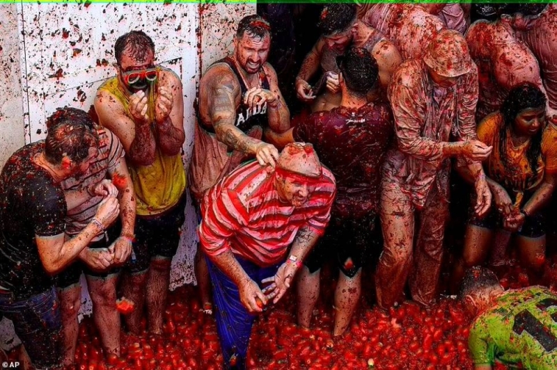 شاهد .. المعركة الحمراء بحبات الطماطم بين الآلاف في شوارع أسبانيا