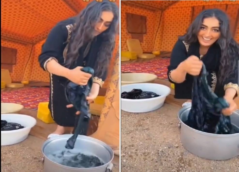 شاهد.. مالكة الإبل "رشا القرشي" تغسل ملابسها داخل خيمة
