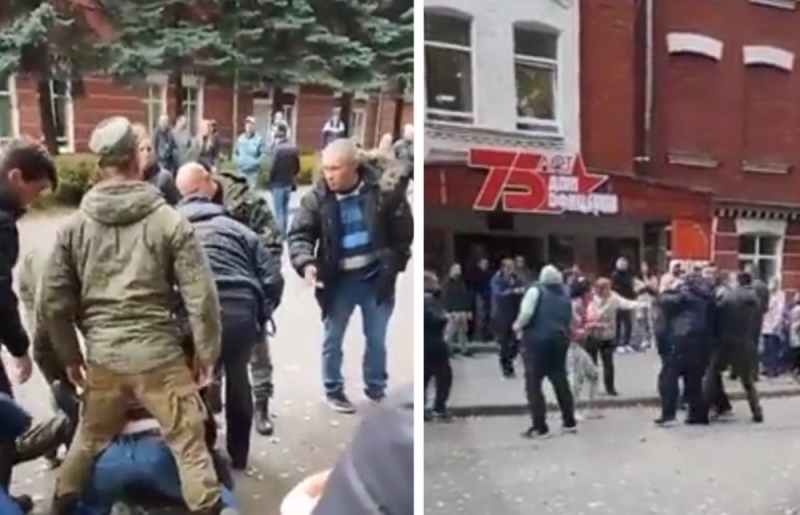 شاهد : اشتباكات عنيفة وتبادل لكمات بين الروس بعد دعوتهم للقتال في أوكرانيا