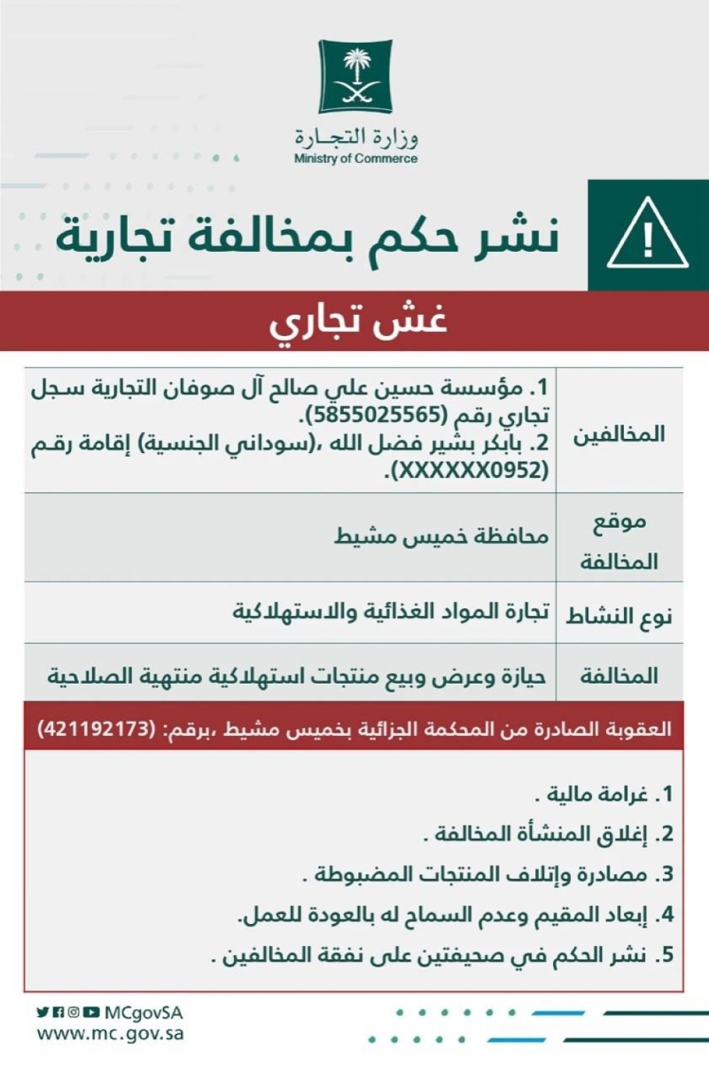 تفاصيل التشهير بـ"مؤسسة حسين آل صوفان " ومقيم  سوداني بتهمة الغش التجاري  في خميس مشيط