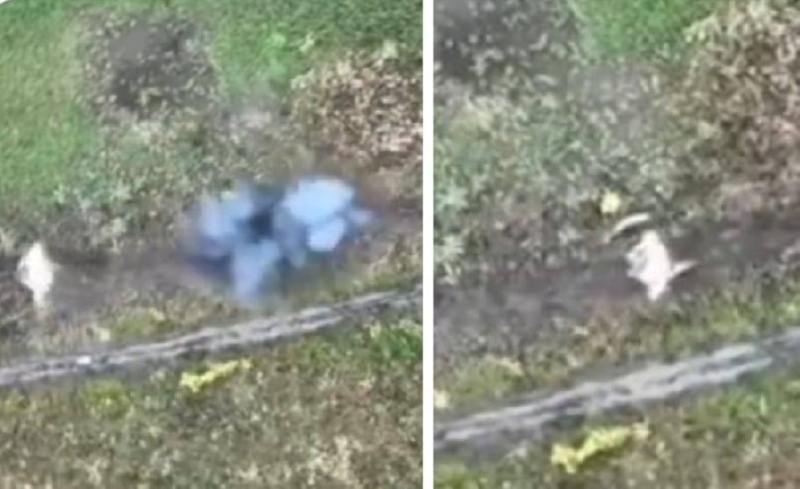 شاهد.. لحظة سقوط قنبلة بالقرب من جندي روسي في أوكرانيا