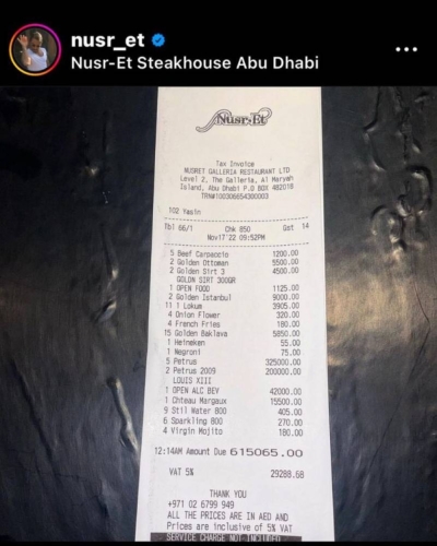 شاهد.. الشيف التركي نصرت ينشر فاتورة بمبلغ "صادم" دفعه زبون داخل مطعمه بأبوظبي