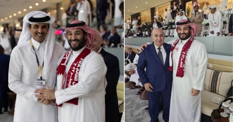 شاهد: ولي العهد بالوشاح القطري يلتقط الصور التذكارية مع الأمير تميم بن حمد و الرئيس الجزائري
