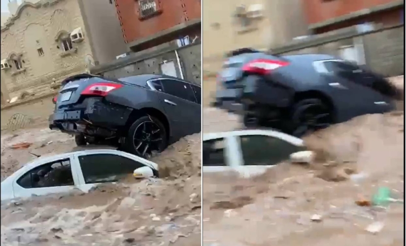 شاهد .. سيارة تستقر فوق ظهر أخرى بعدما جرفتها مياه السيول في أحد شوارع جدة