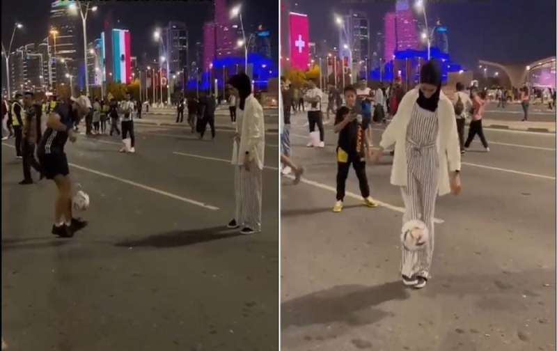 شاهد .. فتاة تتحدى شاب في تنطيط "الكرة" بأحد شوارع قطر والنتيجة مفاجأة