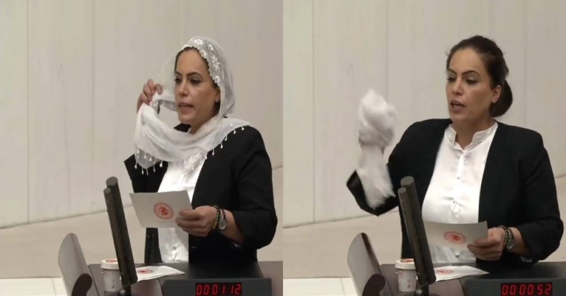شاهد.. نائبة تركية تخلع حجابها على الهواء وترميه على الأرض