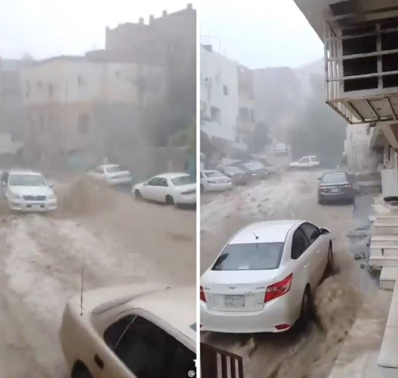 شاهد: مواطن يوثق جريان السيول أمام منزله بحي العتيبية: "الهواء طيرني من المحل"