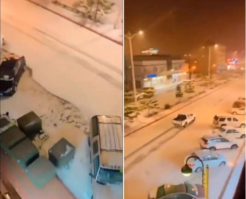 بالفيديو|| شوارع الباحة السعودية تكتسي بالثلوج وتتحول إلى اللون الأبيض الزاهي
