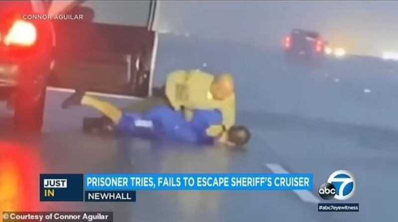 شاهد .. أمريكي مقيد اليدين يحاول القفز من سيارة شرطة محاولا الهرب في لوس أنجلوس