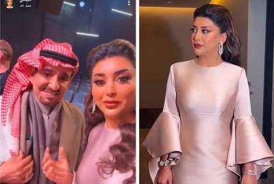 Watch.. the first media appearance of the artist's wife "Abdullah Al-Sadhan"   At the Joy Awards ceremony in Riyadh