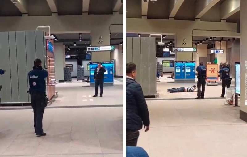 شاهد : لحظة القبض على المتهم بحادثة طعن 3 أشخاص داخل مترو في بلجيكا