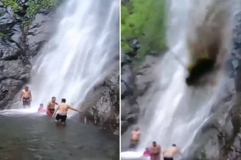 بالفيديو.. سقوط صخرة على عدة أشخاص أثناء قيامهم بالاسترخاء  أمام شلال مياه