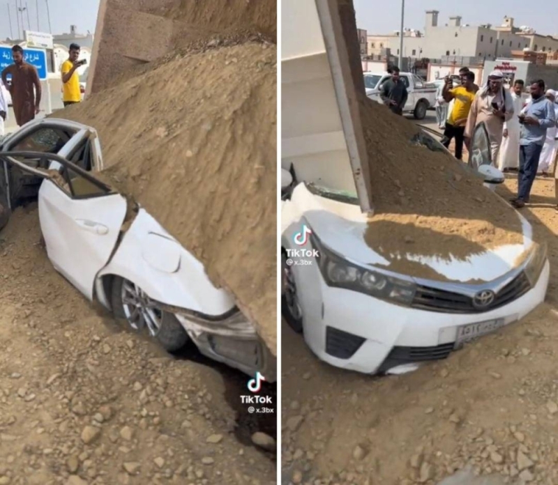 شاهد.. انقلاب شاحنة محملة بالتراب على سيارة صغيرة في جدة.. والكشف عن مصير صاحبها