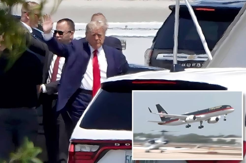 شاهد.. لحظة وصول ترامب للمطار وصعوده الطائرة متجهًا إلى نيويورك لبدء محاكمته