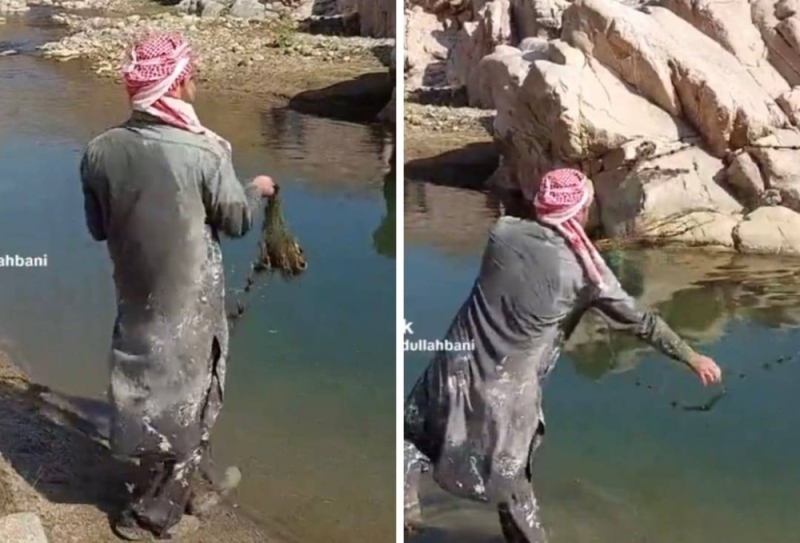 شاهد.. باكستاني يصطاد كمية كبيرة من الأسماك من داخل وادي ذهيب بأبها