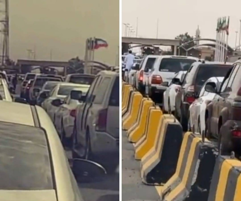 شاهد:تكدس المركبات في منفذ السالمي الحدودي  مع السعودية  بعد تطبيق  الكويت نظام  البصمة