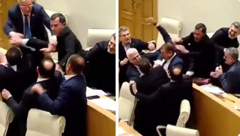 شاهد.. مشاجرة بالأيدي بين أعضاء البرلمان في جورجيا بسبب استئناف الرحلات الجوية المباشرة مع روسيا