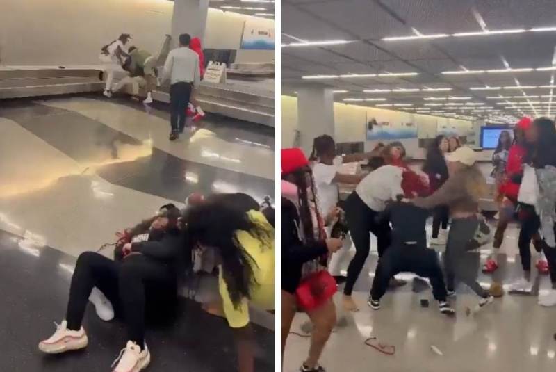 أمريكا.. شاهد : مشاجرة عنيفة بين عشرات الرجال والنساء في مطار شيكاغو