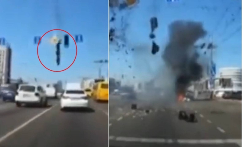 شاهد .. لحظة سقوط صاروخ روسي على طريق عام بالعاصمة الأوكرانية "كييف" ومحاولة السيارات الفرار منه