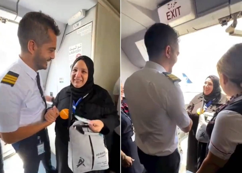 طيار مصري يفاجئ والدته المسافرة لأداء الحج أثناء صعودها الطائرة .. شاهد: ردة فعلها !