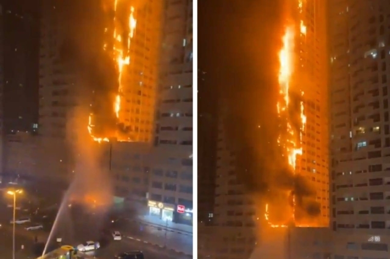 شاهد: حريق ضخم يلتهم أحد أبراج عجمان في الإمارات