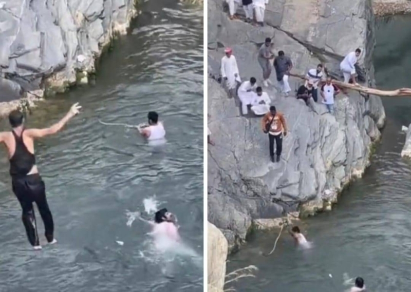 شاهد:  شاب يمسك ثعبان ضخم أثناء السباحة في مياه أحد الأودية بالباحة