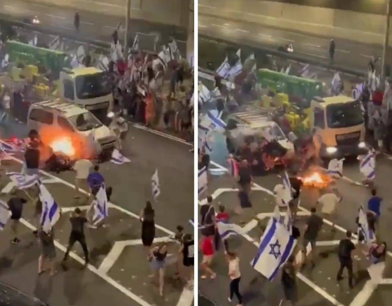 شاهد:  سيارة مسرعة تدهس عدد من المحتجين في إسرائيل
