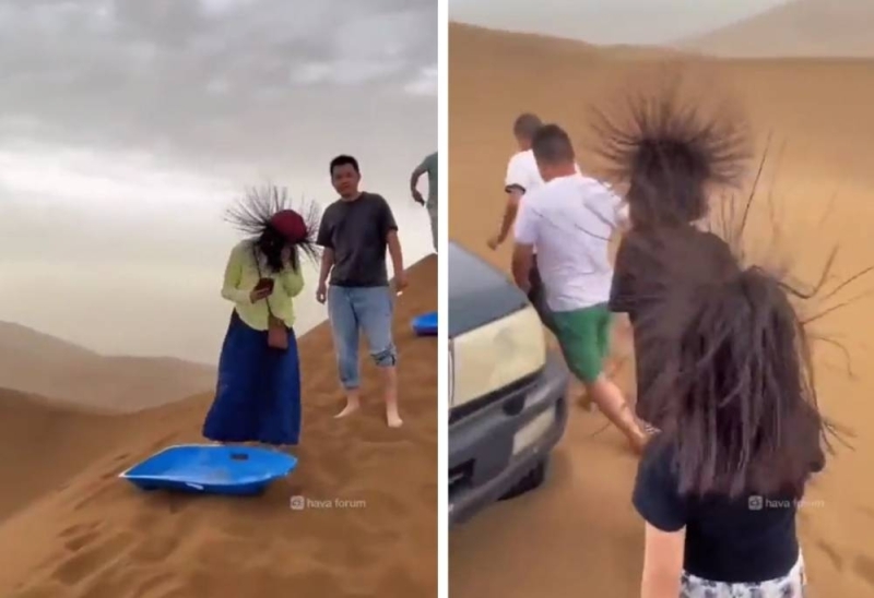 شاهد: أغرب ظاهرة لوقوف شعر سياح لأعلى عند ذهابهم إلى الصحراء!