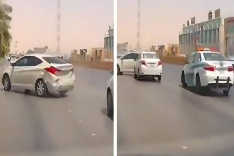 شاهد: سائق سيارة يراوغ بين المركبات ويتسبب في حادث سير أمام دورية للمرور بالرياض