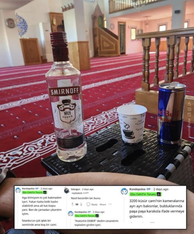 شاهد: شاب تركي يشرب الخمر داخل مسجد بإسطنبول.. ويصف نفسه بحفيد أبو جهل