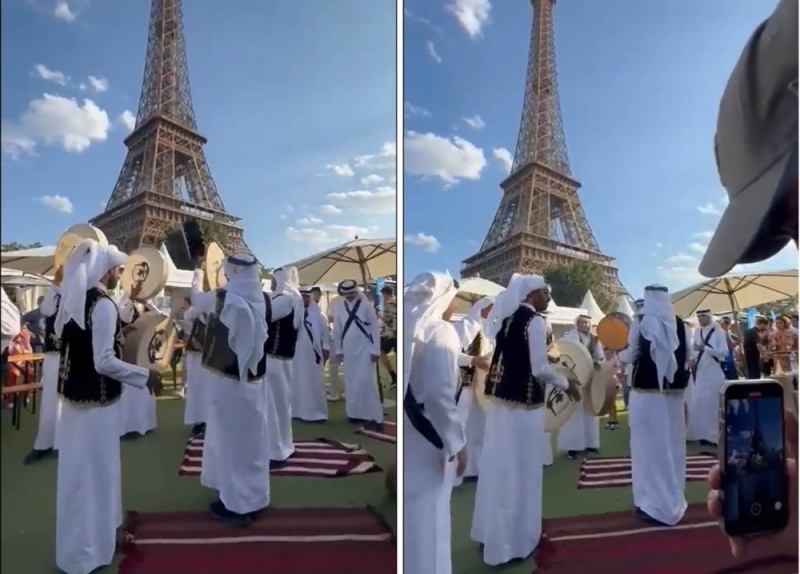 شاهد.. فرقة السيالة الشعبية من الأحساء تؤدي العرضة أمام برج إيفل بباريس وسط انبهار الفرنساويين