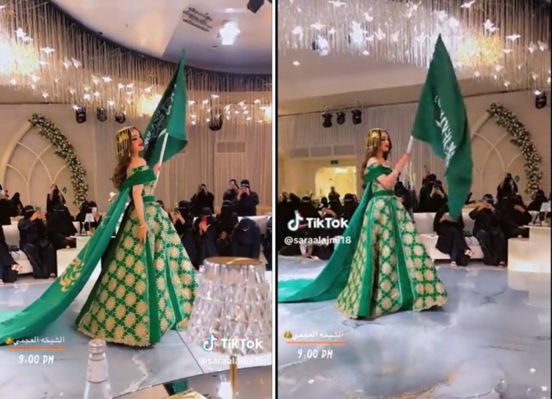 شاهد.. فتاة حسناء ترتدي فستان زفاف باللون الأخضر احتفالًا باليوم الوطني
