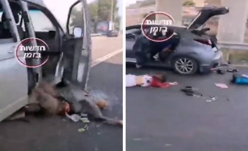 شاهد .. جثث لإسرائيليين ملقاة على الأرض بعد استهداف سياراتهم من قبل مسلحين فلسطينيين