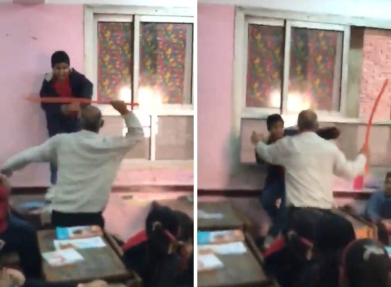 ب "لي بلاستيك".. شاهد.. معلم ينهال بالضرب على طالب داخل الفصل في مدرسة بمصر